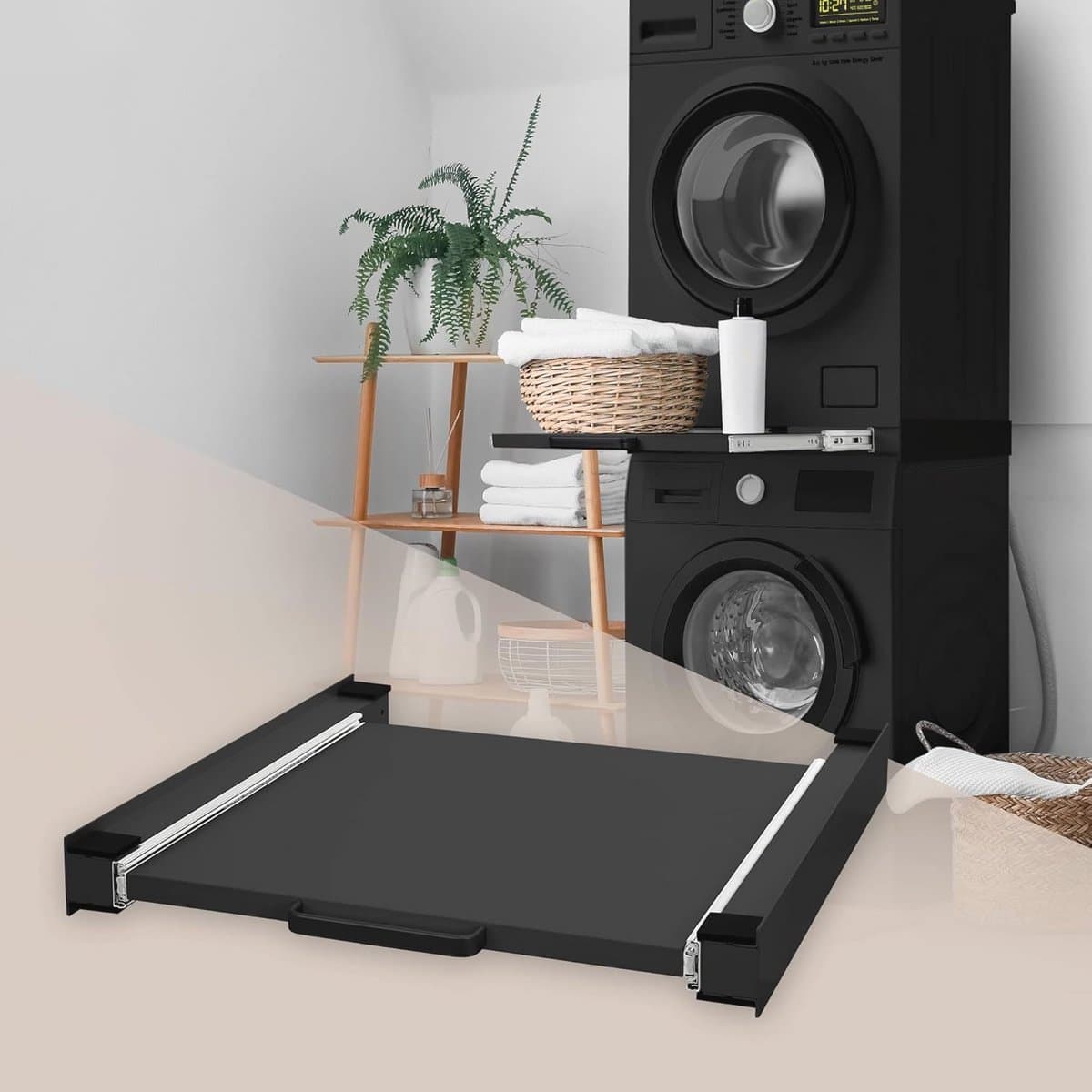Universeel Tussenframe voor Wasmachine en Droger met Uitschuifbare Plaat - 60x60 cm - Zwart Verbindingsframe en Opbergruimte — afbeelding 1