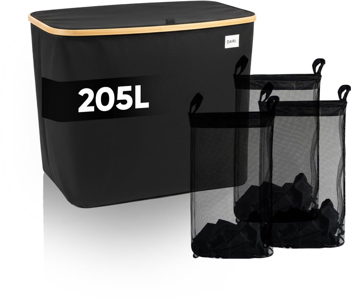 DARI. - Wasmand 3 vakken - Wassorteerder - 205L XXL - met 3 uitneembare zakken - wasmand - zwart - knopen — afbeelding 1