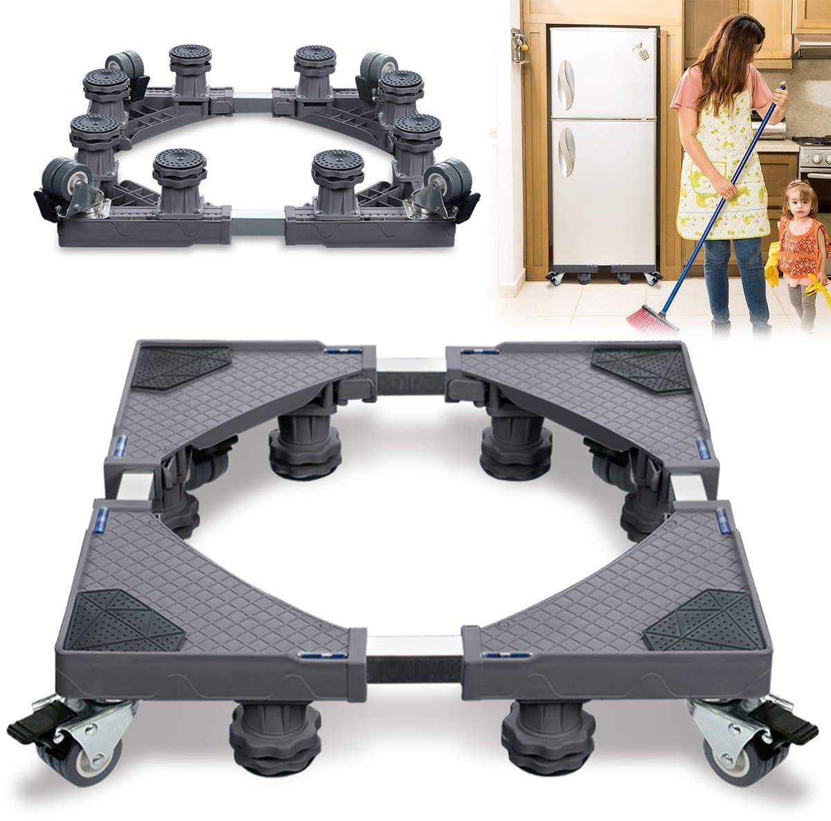 Froadp Onderstel, sokkel met 4 wielen, verstelbare wasmachinesokkel voor koelkast, droger, vriezer, 300 kg (breedte 44-75 cm, hoogte 11-13 cm), grijs — afbeelding 1