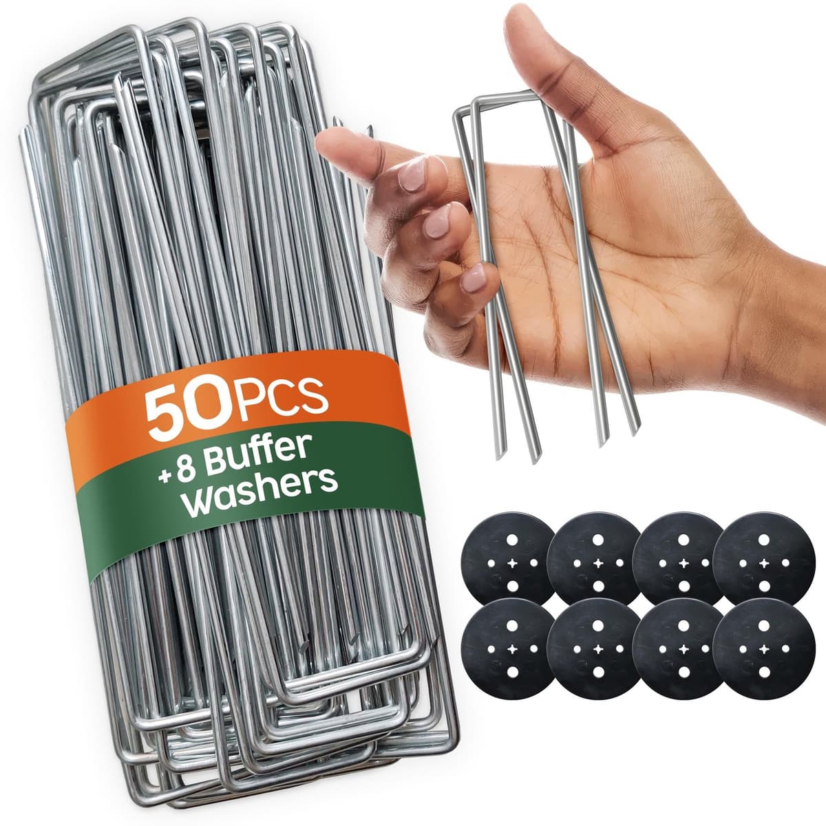 Grondankers, grondanker 50 stuks + 8 sluitringen inbegrepen, 150 mm lang, 25 mm breed, Ø 3 mm, voor tuin, mulch en kunstgras, van metaal, verzinkt, camping, reizen, staal — afbeelding 1