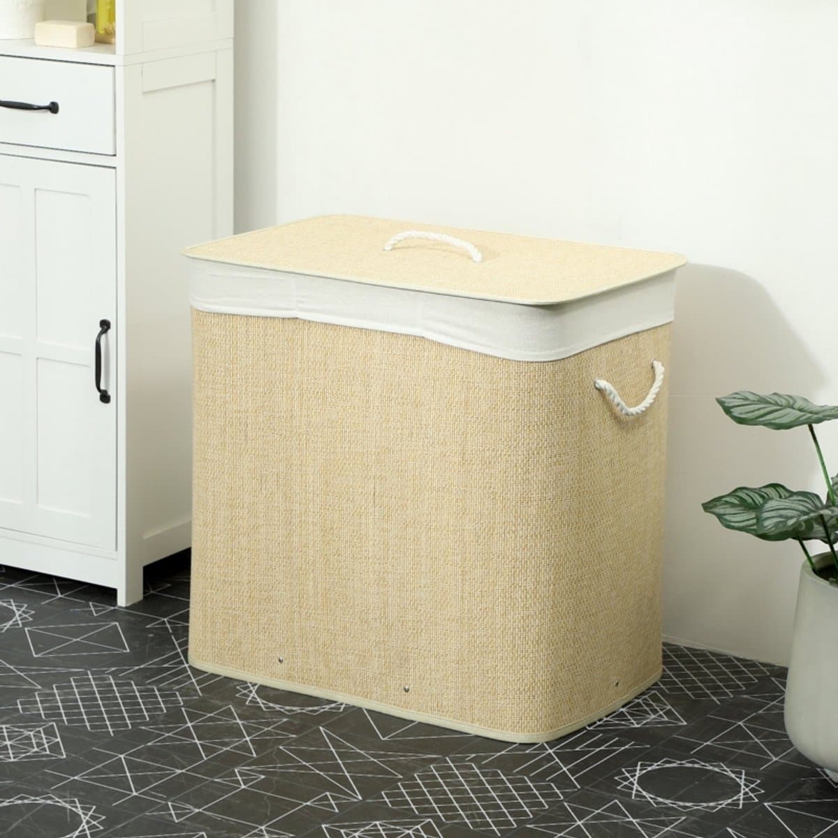 REDOM - Wasmand met deksel - 3 vakken en uitneembare waszak - 144 liter - Bamboe en metalen frame - Crème - 60 x 40 x 60 cm — afbeelding 1