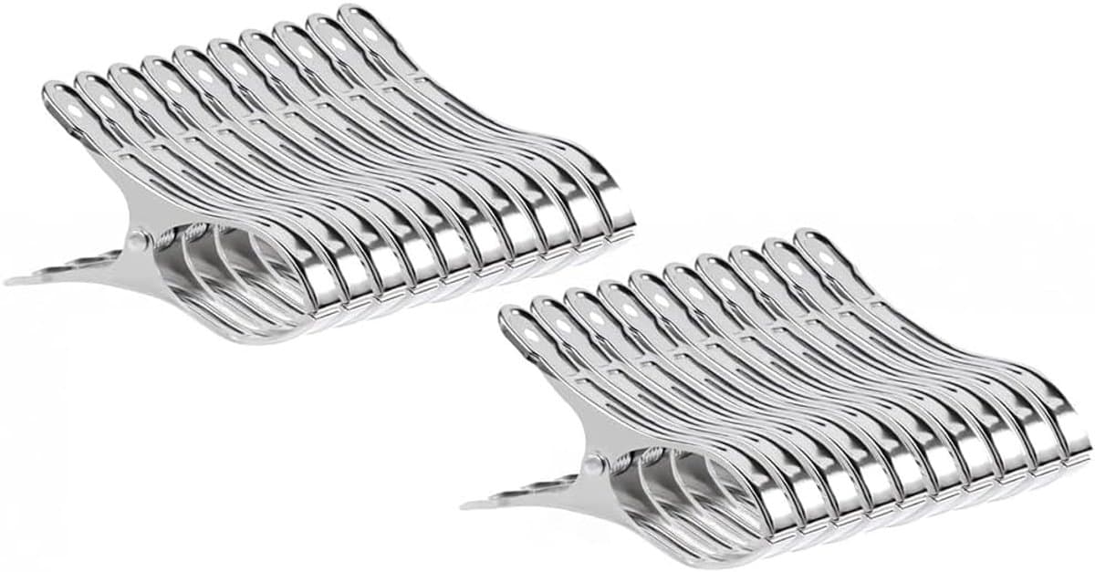 20 stuks handdoekklemmen van roestvrij staal, strandhanddoekklemmen, handdoekklemmen strandligstoel, wasknijpers mand, opening 5 cm, zilver, roestvrij — afbeelding 1