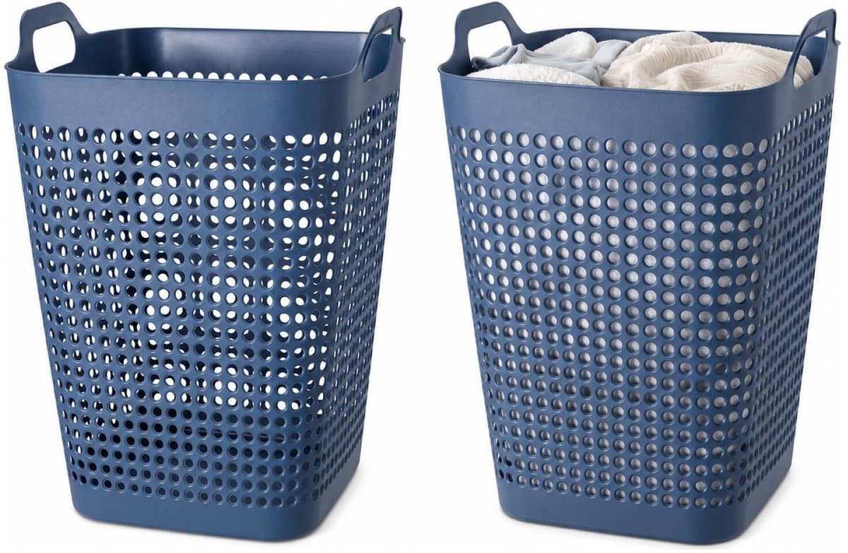 Storage Solutions Wasmand - 2x - blauw - 48 liter - 40 x 51 cm - kunststof - wasbox - mand voor wasgoed - badkamer — afbeelding 1