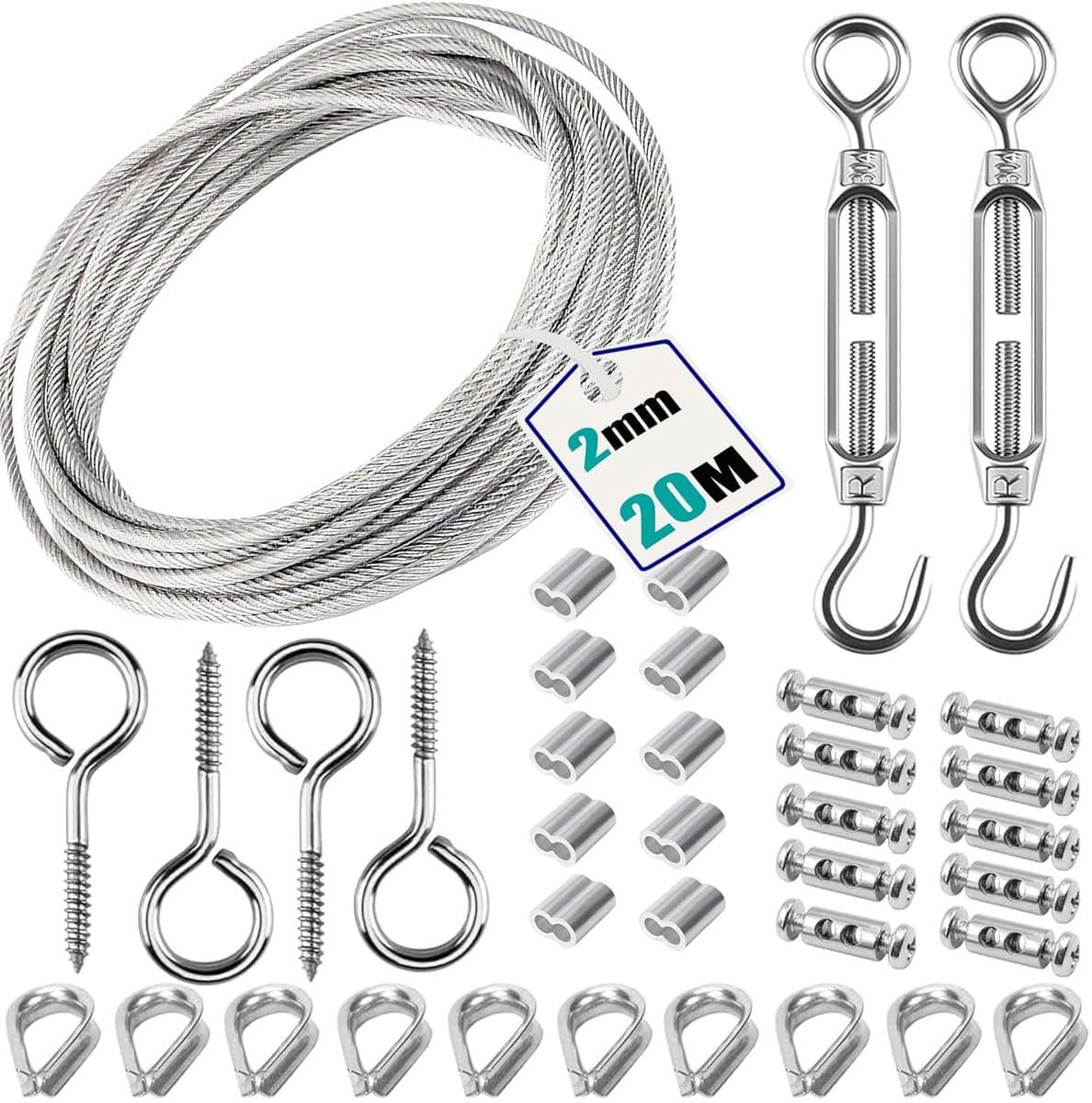 SnelShoppen - 304 RVS Kabel Set 20 m x 2 mm, 10 Aluminium Klemmen, 10 Kabelbinders, 2 Verstelbare Haakjes, Perfect voor Waslijn en Doe-Het-Zelf Projec — afbeelding 1