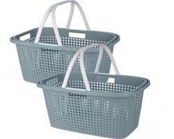 Wasmand met hengsel - 2x stuks - 38 liter - 60 cm - groen/wit - Draagwasmanden - Wasgoedmand - Mand met handvatten — afbeelding 1