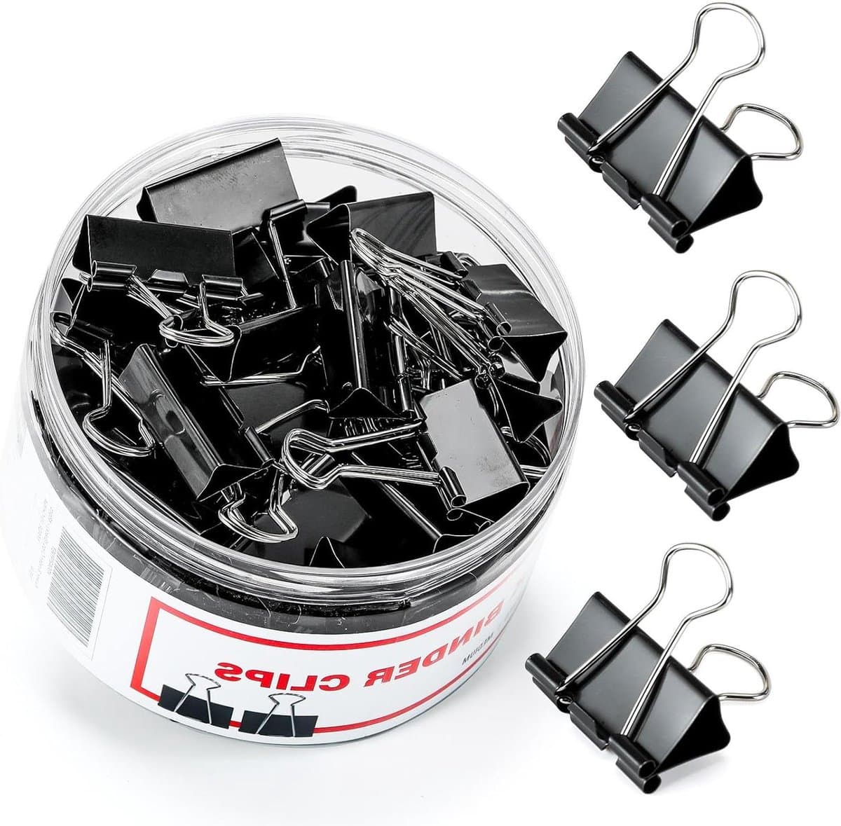 Bindbandclips, 48 stuks medium bindmiddelclips, Kalerr zwarte bindmiddelclips medium, 1,25 inch ringbandclip met container, papieren bindclips kantoorbenodigdheden, papieren klemmen bulk voor kantoor, — afbeelding 1