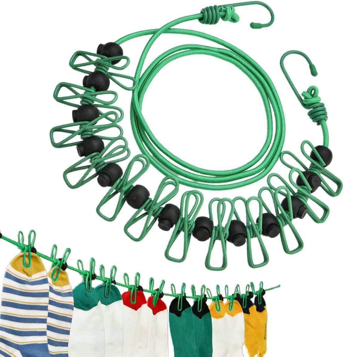 Waslijnen met Clips - Reiswaslijn Touw - Wasgoed Drogen - Winddicht Ontwerp - Tot 3.7 Meter - Groen — afbeelding 1