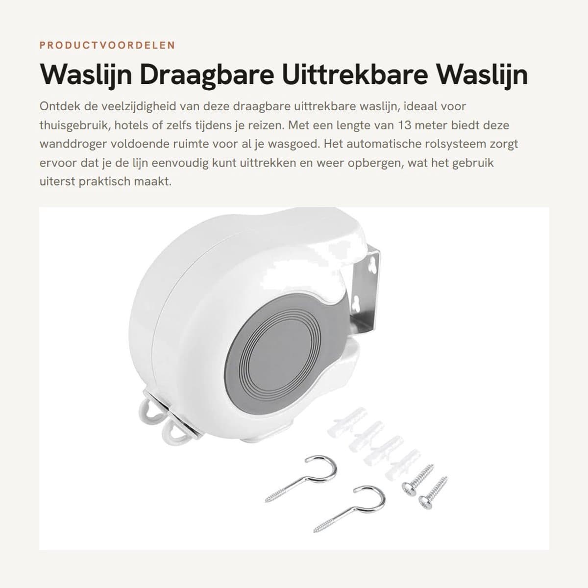 Dailygoods- Waslijn 13 m - Draagbaar - Uittrekbaar - Wanddroogrek - Dubbele lijn - Automatisch rolsysteem - Geschikt voor thuis - Drooglijn — afbeelding 1