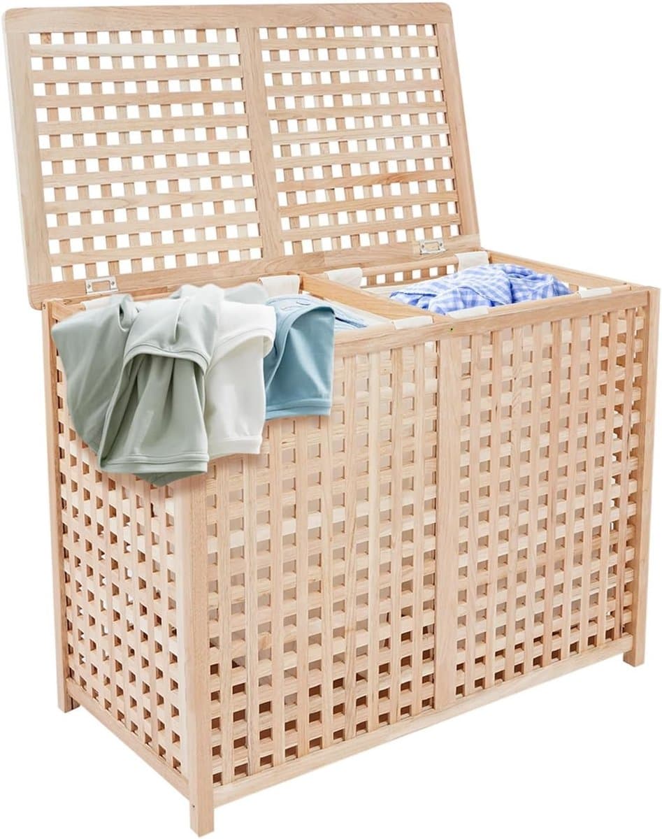 Ruime wasmand 89 x 46 x 67 cm met 2 waszakken, dubbele wasmand voor badkamer, wasruimte en zwembadgebruik — afbeelding 1