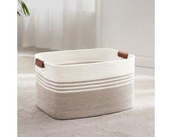 Grote geweven wasmand van katoenen touw, 60 liter opbergmand met leren handvatten, mand voor dekens, kleding, speelgoed, wasmand voor kinderkamer of woonkamer, 53 x 38 x 29 cm, wit en bruin — afbeelding 1
