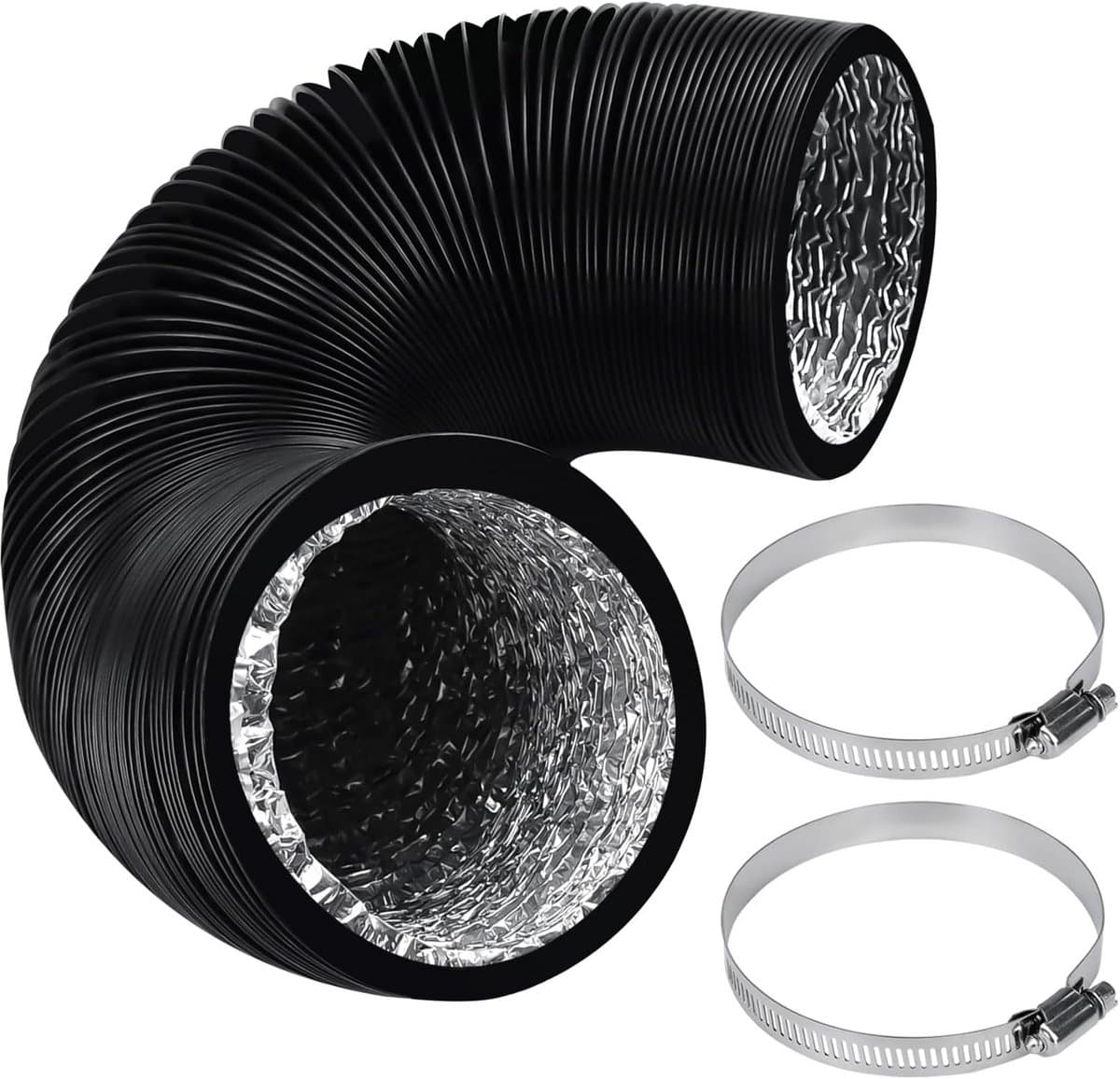 Flexibele Afzuigslang PVC Zwart - Aluminium Luchtkanaal 125 mm x 2,5m voor Afzuigkap, Badkamer & Droger - Inclusief Klemmen — afbeelding 1