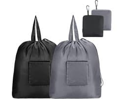 2 Stuks - Reis Waszakken - Opvouwbare Waszak voor op Reis - Wasbare Waszak met Trekkoord en Handvat - voor Studentenhuisvesting, Reizen, Kamperen - Zwart en Grijs (51*57 CM)
