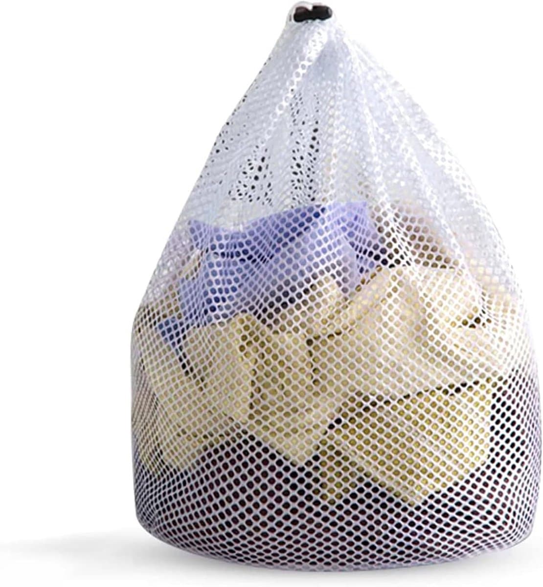 Wasnet met trekkoord - Wasmachinebestendig - Herbruikbaar - Grofmazige waszak - voor vuile was, lakens, ondergoed, babykleding en sokken - Wit - 50 x 60 cm — afbeelding 1
