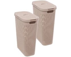 5Five Smalle Wasmand met deksel Rotan - 2x - beige - gevlochten kunststof - 40 liter - 26 x 46 x 60 cm — afbeelding 1