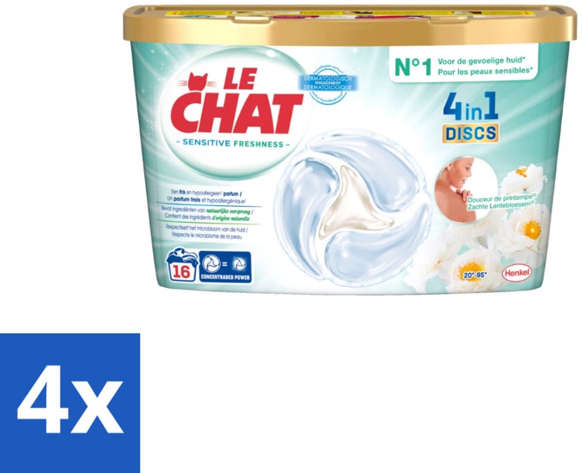 4 x Le Chat – Wascapsules – Sensitive Zachte Lentebloesem – 16 wasbeurten - Wascapsules - Gevoelige Huid - Hypoallergenisch - Zachte Geur - Sinaasappelbloesem — afbeelding 1