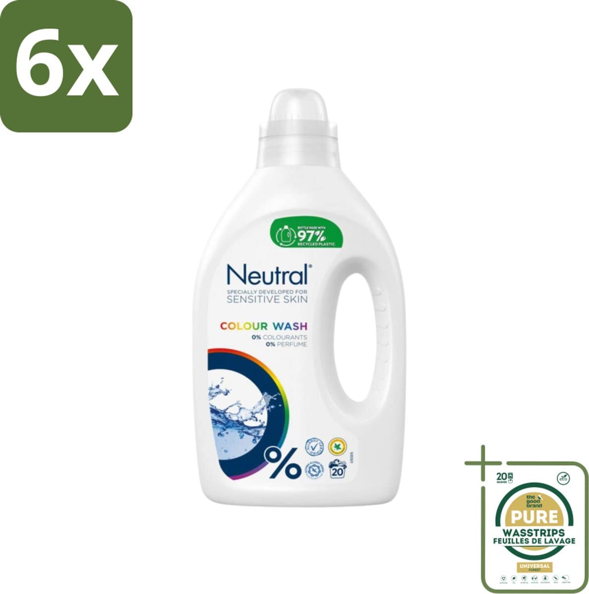Neutral Vloeibaar Wasmiddel Kleur 20 Wasbeurten 1 liter - Voordeelverpakking - 6 stuks - Wasmiddel zonder parfum - Wasmiddel zonder kleurstof — afbeelding 1
