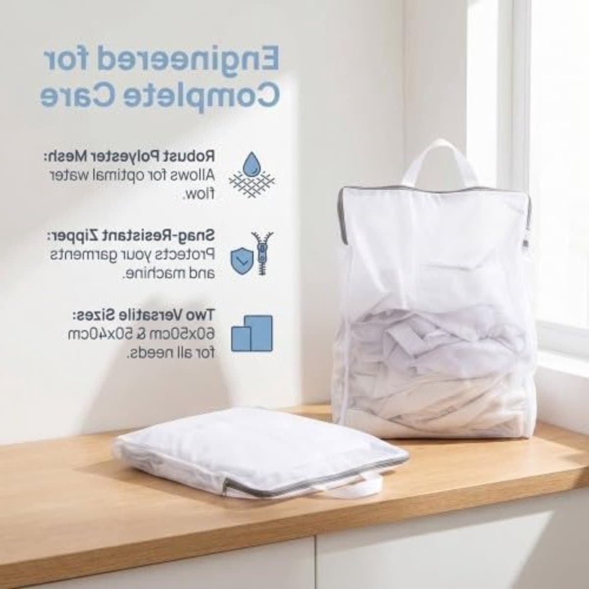 Herbruikbare waszakken van net, 60 x 50 cm en 50 x 40 cm, voor delicate was, met ritssluiting en duurzame bescherming voor kleding, ondergoed en panty's — afbeelding 1