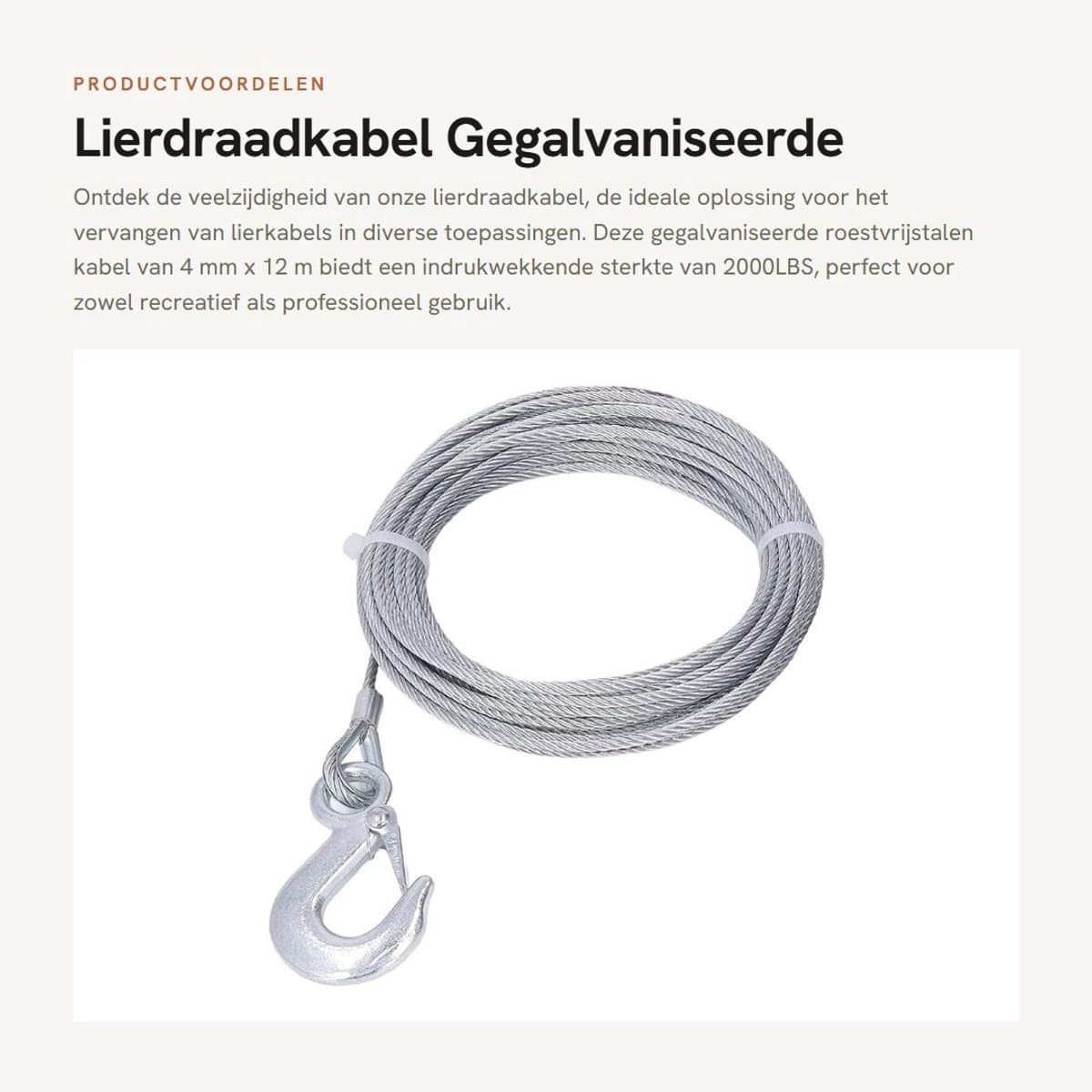 Dailygoods- Lierdraadkabel Gegalvaniseerd - Roestvrij Staal - 4 Mm X 12 M - 2000LBS Sterkte - Lierkabel Vervanging - Zelfsluitende Haak - Trekkabel — afbeelding 1