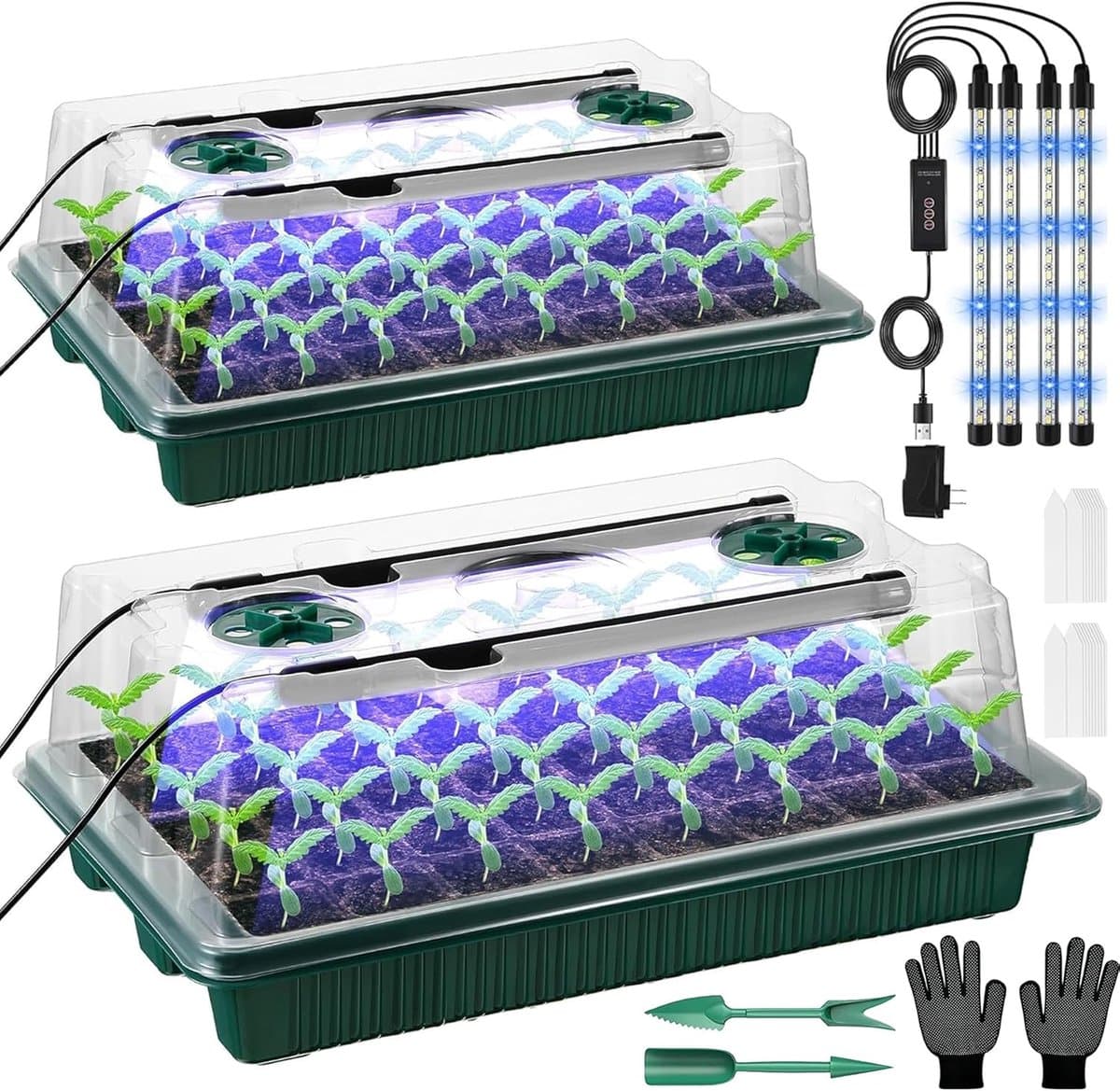Kas kweekbak, 2 stuks 80 gaten, mini-broeikasset met plantenlamp, kweekplaat met timing-controller, instelbare helderheid, 20 plantenlabels voor opplant — afbeelding 1