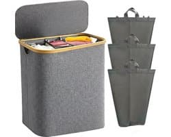 Wasmand - Wasmand 3 vakken - Wasmand met deksel - Groot volume 160 liter - Wassorteerder - Opvouwbaar - Verdeelde opbergmand - Geschikt voor slaapkamer, wasruimte, kast, badkamer en studentenkamer - Grijs — afbeelding 1