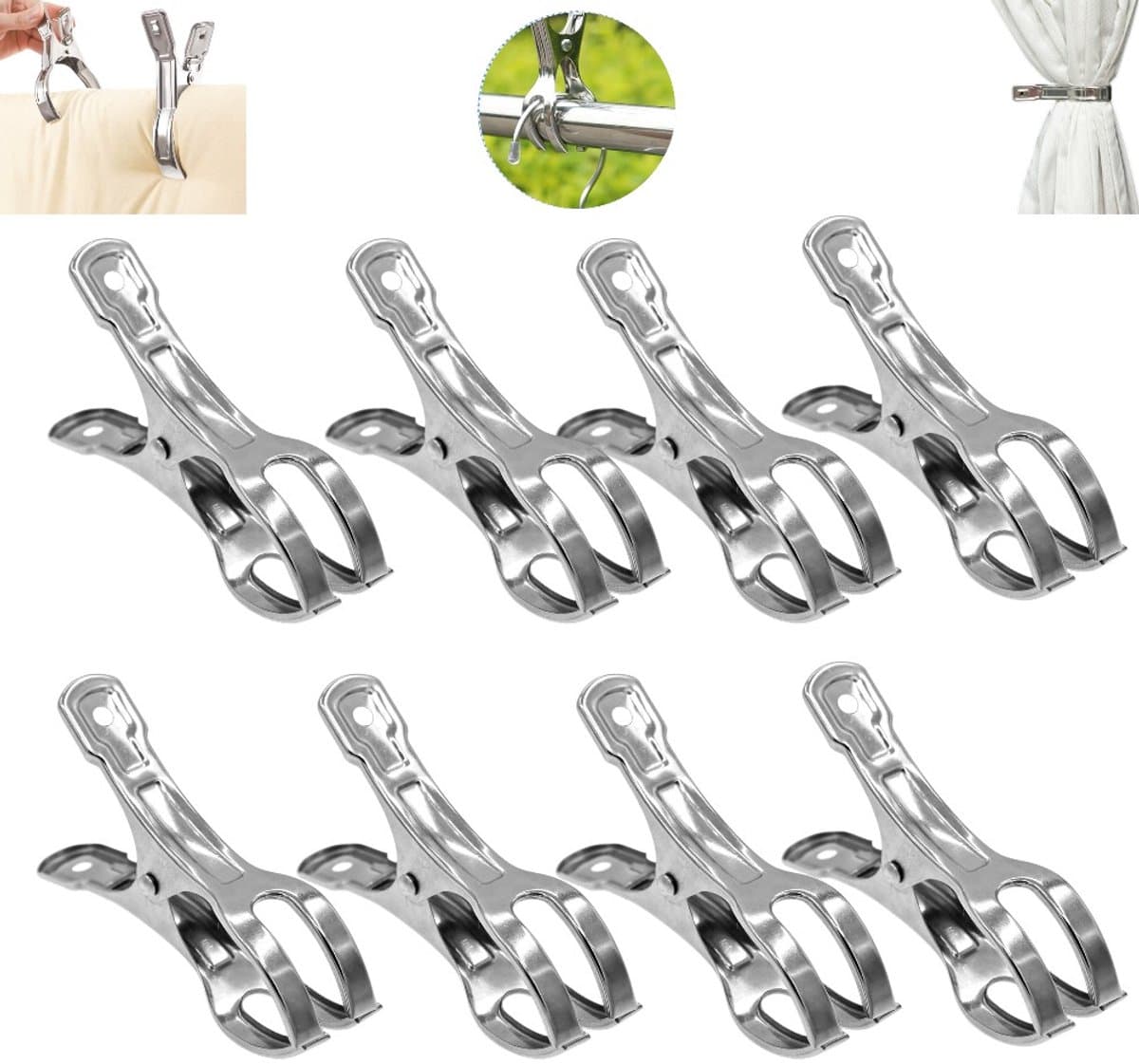 8 stuks - roestvrijstalen kledingclips - Wasknijpers - Winddichte clips van roestvrij staal - zeilclips - Gordijnclips - voor dekbedden - lakens - kleding - 14cm - Zilver - Sterk en duurzaam — afbeelding 1