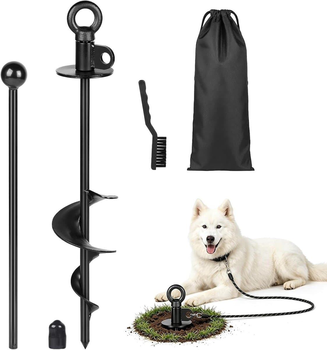Robuuste 38 cm Zwarte Hondenspringconnector met 360° Draaibare Ring voor Grote Honden, Inclusief Reinigingsborstel en Grondanker voor Stabiliteit en Veiligheid — afbeelding 1