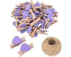 100 Stuks Mini Houten Hartvormige Wasknijpers Paars en Multicolor voor Decoratie en Knutselen