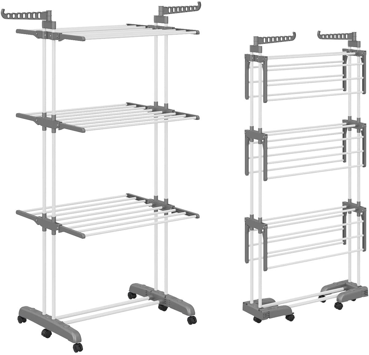 Shrivee 3-laags droogrek, opvouwbaar met 2 roterende vleugels, hoogte 178 cm, opvouwbare poten, ruimtebesparend droogrek met wielen voor thuis, balkon en tuin (grijs) — afbeelding 1