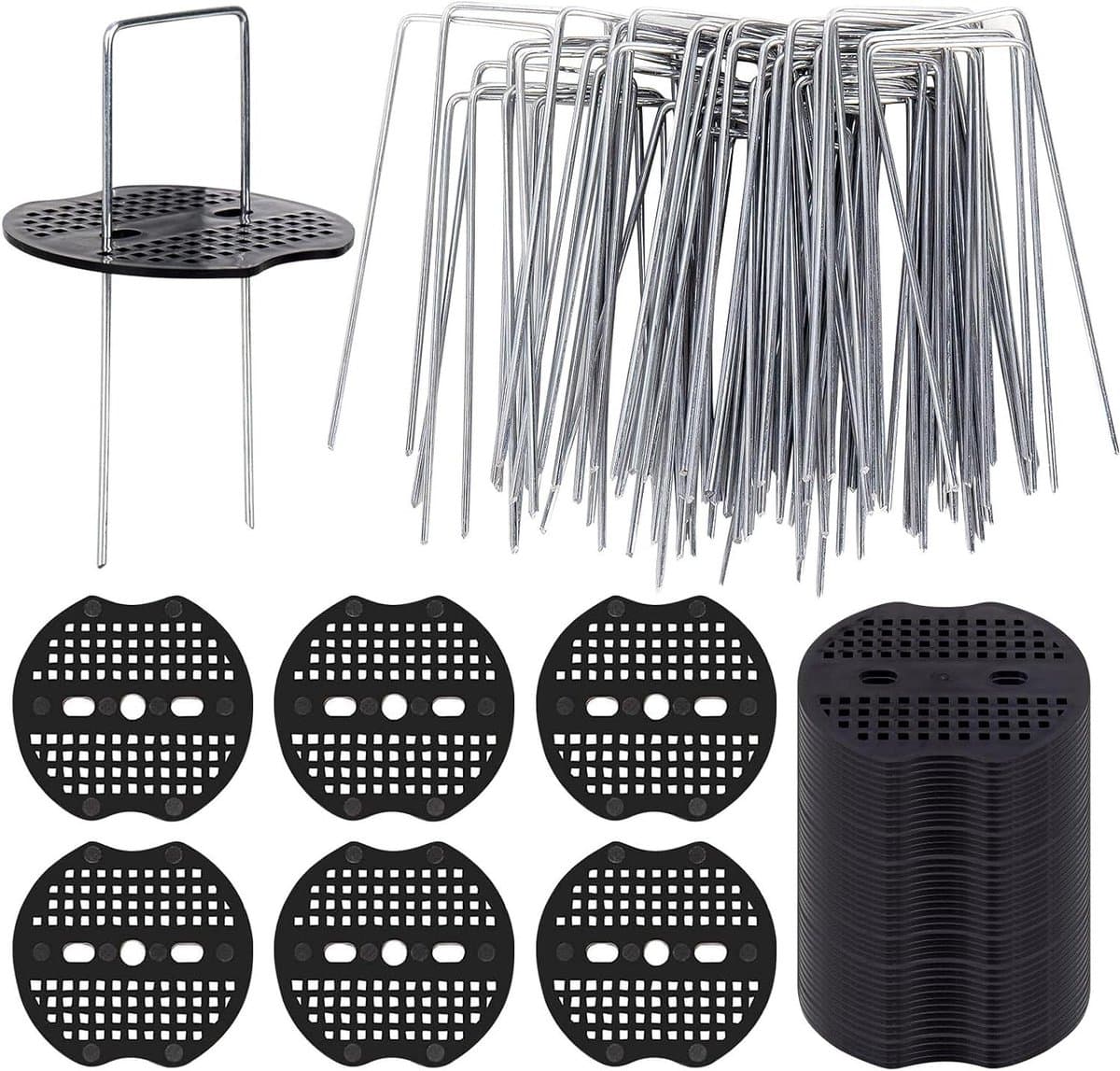 Allecto Plus - Grondankers en Bufferschijven Set voor Bevestiging Kunstgras en Folie - Anti-roest - U-vormige Nagelstiften - Haringen - Onkruidvlies en Grondzeil - 150 x 40 mm - Ø 22 mm — afbeelding 1
