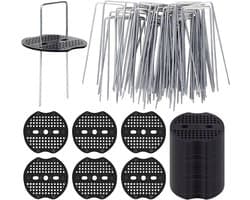 Allecto Plus - Grondankers en Bufferschijven Set voor Bevestiging Kunstgras en Folie - Anti-roest - U-vormige Nagelstiften - Haringen - Onkruidvlies en Grondzeil - 150 x 40 mm - Ø 22 mm