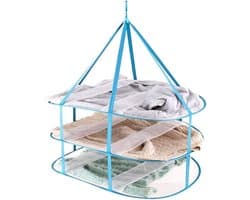 Draagbare opvouwbare netmand voor het drogen van truien - 3 niveaus - winddicht - textielnet - blauw - compact opvouwbaar