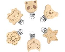 Fopspeenclip, 6 stuks, houten dieren, clips, accessoires, fopspeenclip, hout, speen clip voor baby en kinderen, babyfopspeen clips
