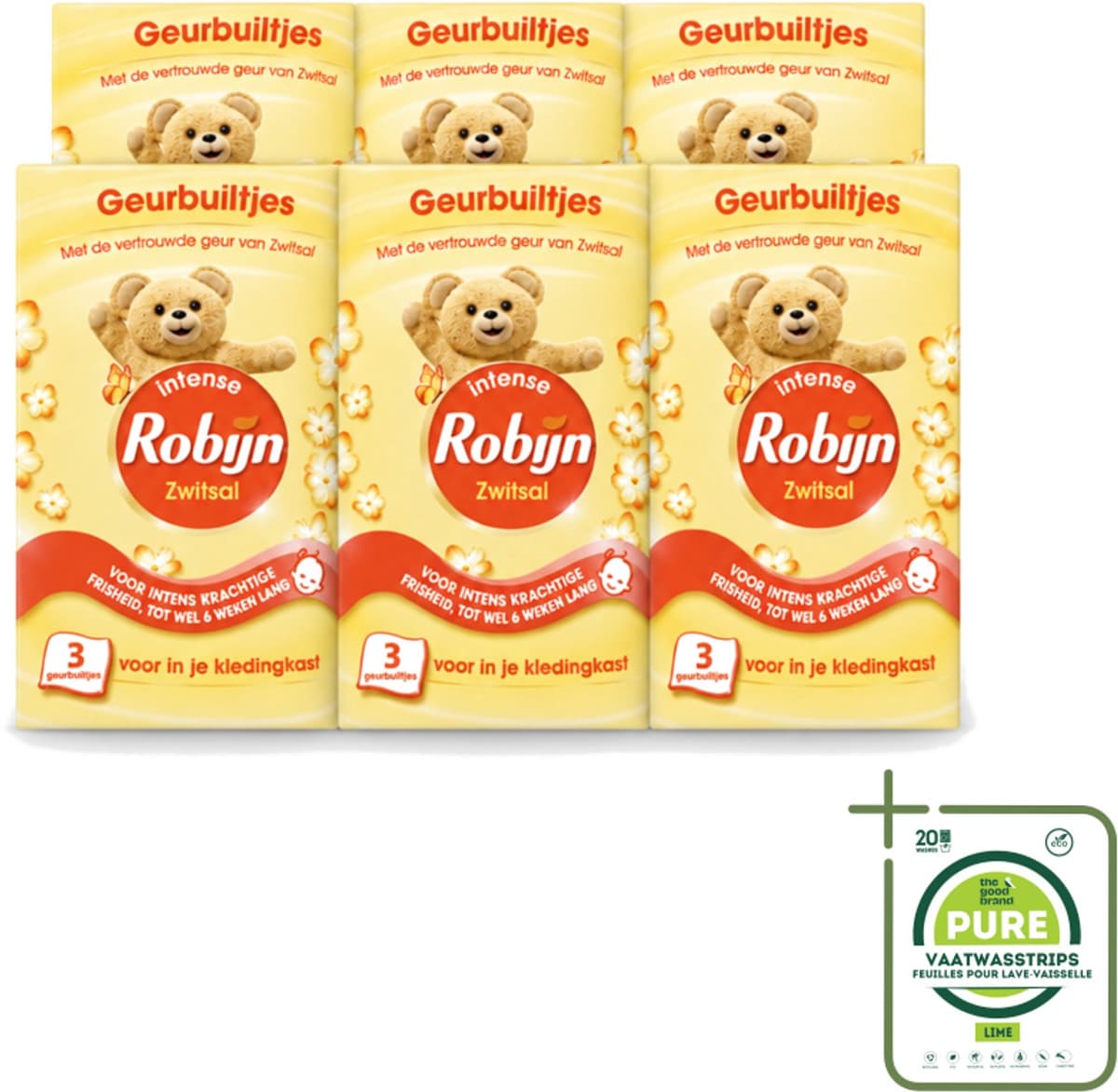 6 x Robijn - Zwitsal - Geurbuiltjes - Zachte Babygeur - Hypoallergeen - 3 Geurbuiltjes - Grootverpakking - Vaatwasstrips - Zwitsal Geur - Geurbuiltjes - Babygeur - Kledingkast - Lade — afbeelding 1