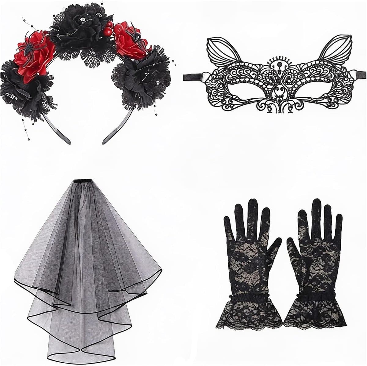 Lifreer De Halloween-kostuumset bevat een halloween-hoofdband, een zwarte sluier, een rozenhalsketting, een kanten masker en korte kanten handschoenen voor Halloweenkostuumaccessoires. — afbeelding 1