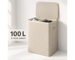 MAZAZU Wasmand 2 Vakken 100L – Deksel & Wassorteerder met Uitneembare Zakken - Beige