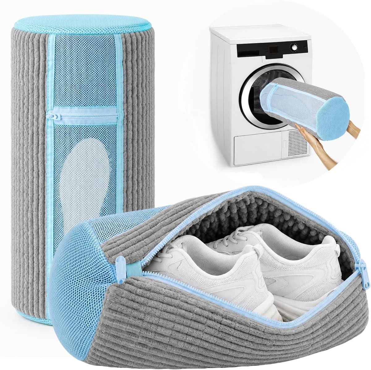 Dikke schoenwaszak, verpakking van 2 stuks, met netvak aan de buitenkant, herbruikbare waszak voor wasmachine en droger, 360° pluche reiniging, beschermhoes voor sneakers, gymschoenen, ideaal — afbeelding 1