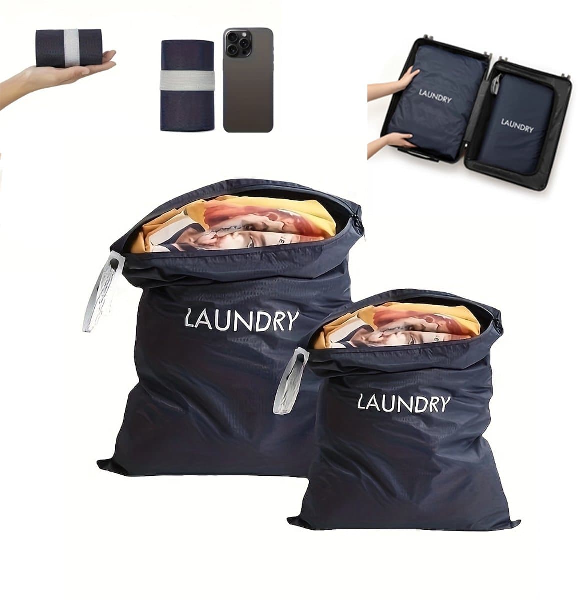 2 Stuks Waszakken voor op reis - 2 maten - waszakken voor vuile was en natte kleding - waterdichte opbergtas met draaggreep - opvouwbare vuilwaszak - voor vakantie, camping, zwembad — afbeelding 1