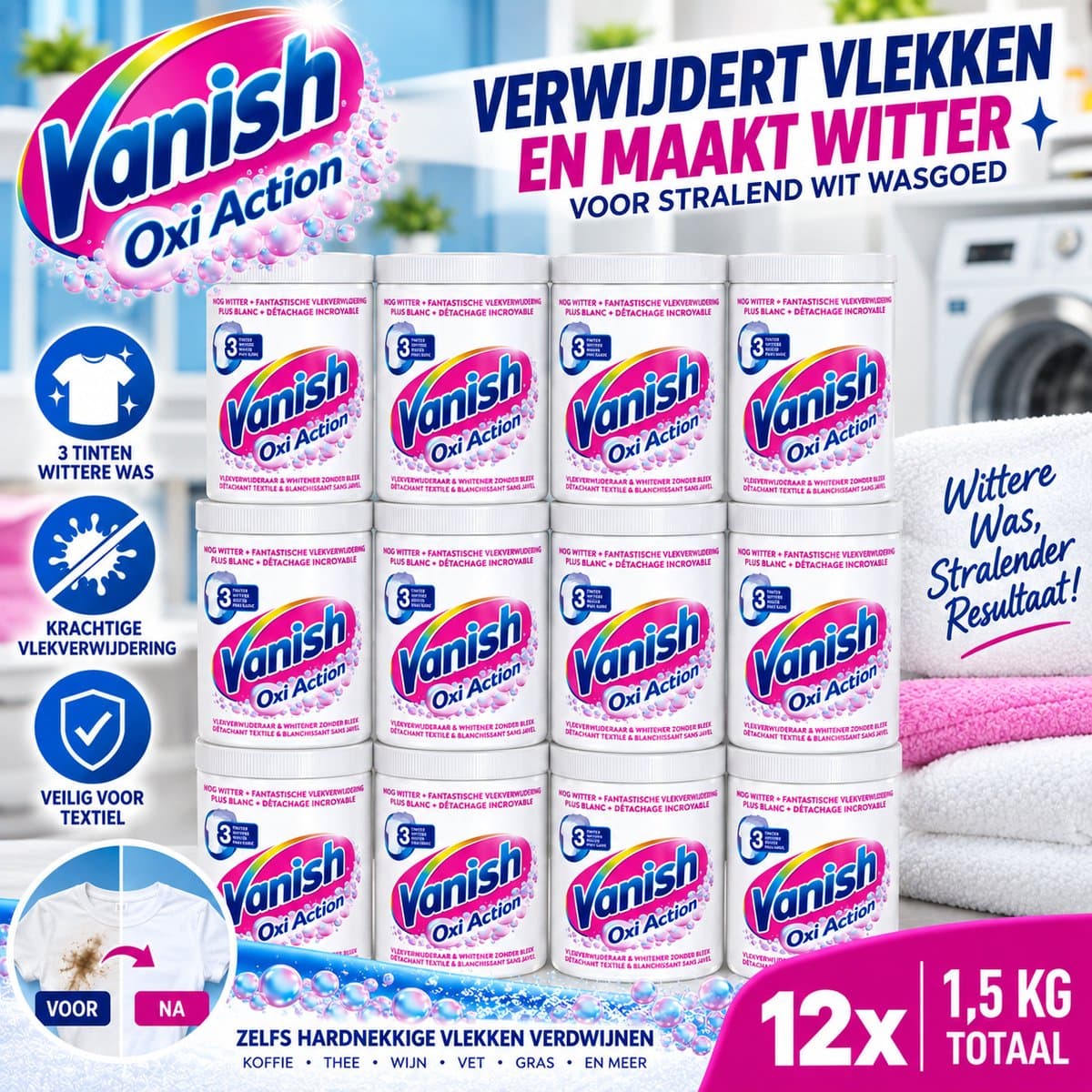 Vanish Oxi Action - Vlekkenverwijderaar Poeder - Zonder Bleek - Witte Was - 1.5 Kg - Voordeelverpakking - 12 stuks — afbeelding 1