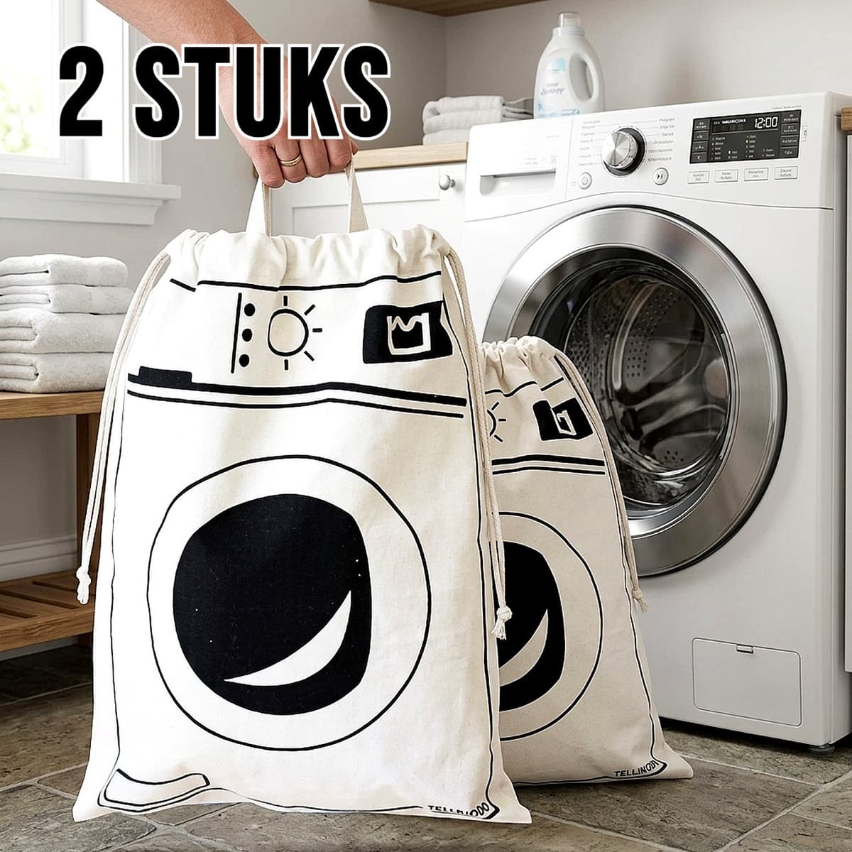 2 Stuks Waszakken met Wasmachine Print - Wasgoed Opbergtas met Trekkoord - Badkamer Was Zak - Laundry Bag - wit-zwart - 65 x 47 cm — afbeelding 1