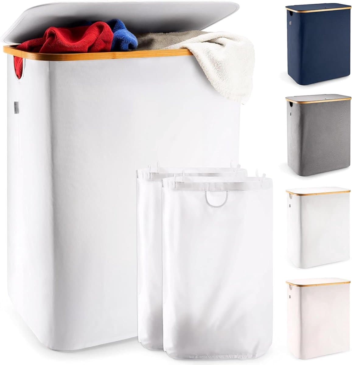 Wasmand met deksel & 2 compartimenten 150L Groot - Wasmand Ademend met stevig bamboe frame - inclusief uitneembare waszak Wasbaar - Wasmanden Waterdicht | Lichtgrijs — afbeelding 1