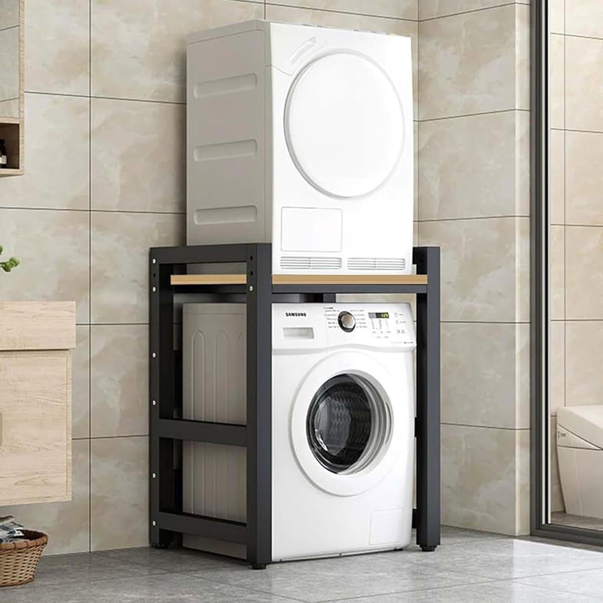 Verstelbare Hoogte Drum Wasmachine Kast Opbergrek voor Wasmachine en Droger in Wasruimte en B Ruimtebesparend Zwart Rek met Walnoot Board — afbeelding 1