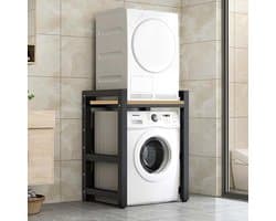 Verstelbare Hoogte Drum Wasmachine Kast Opbergrek voor Wasmachine en Droger in Wasruimte en B Ruimtebesparend Zwart Rek met Walnoot Board