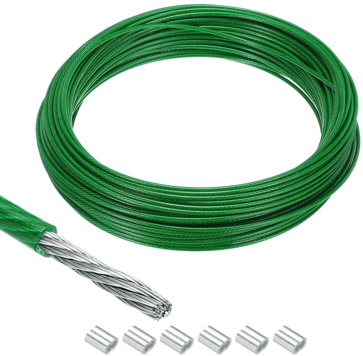 Allecta - Metalen kabel 20 meter - Roestvrij staal - Vinyl gecoat - 6 aluminium mouwen - Hangen - Droogrek - Optillen - Groen — afbeelding 1