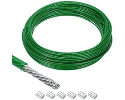 Allecta - Metalen kabel 20 meter - Roestvrij staal - Vinyl gecoat - 6 aluminium mouwen - Hangen - Droogrek - Optillen - Groen