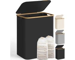 SONGMICS Wasmand met deksel - wasmand met 2 compartimenten - 130 liter - uitneembare waszak - Oxford-stof - bamboe handgrepen - opvouwbaar - 52 x 38,5 x 70,5 cm - inktzwart — afbeelding 1