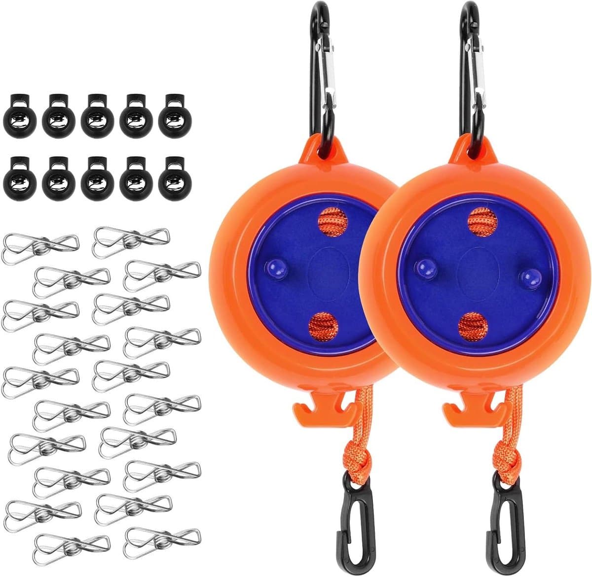 Intrekbare waslijn voor op reis - 2-pack, 10 meter draad, verstelbaar met 10 gespen, 20 wasknijpers - Oranje. — afbeelding 1