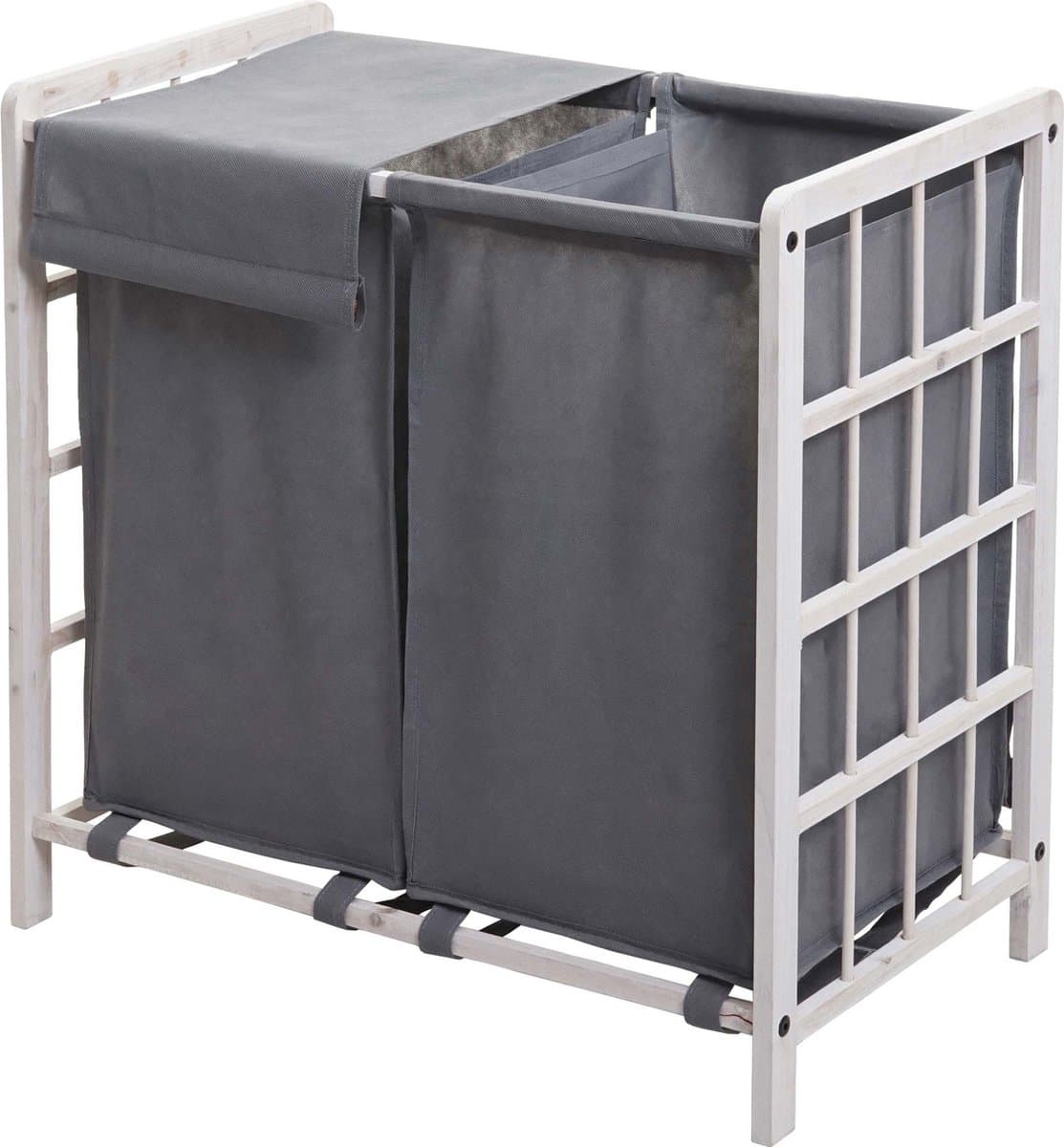 Wasbak MCW-B60, Wasbox wasmand, massief hout 2 vakken 60x60x33cm 68l ~ shabby white, grijs deksel — afbeelding 1