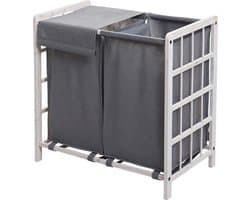 Wasbak MCW-B60, Wasbox wasmand, massief hout 2 vakken 60x60x33cm 68l ~ shabby white, grijs deksel