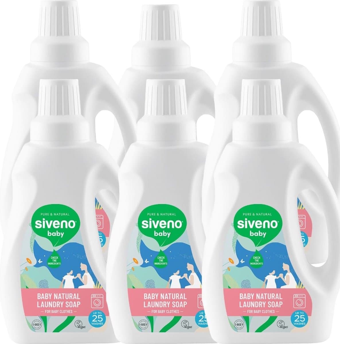 Siveno Natuurlijk Wasmiddel speciaal ontwikkeld voor Babykleding en gevoelige huid - Kwartaalpakket 6x 750ml - Kokosnoot extract - Parfumvrij- Dermatologisch getest - Neutraal en puur zonder chemische middelen - — afbeelding 1