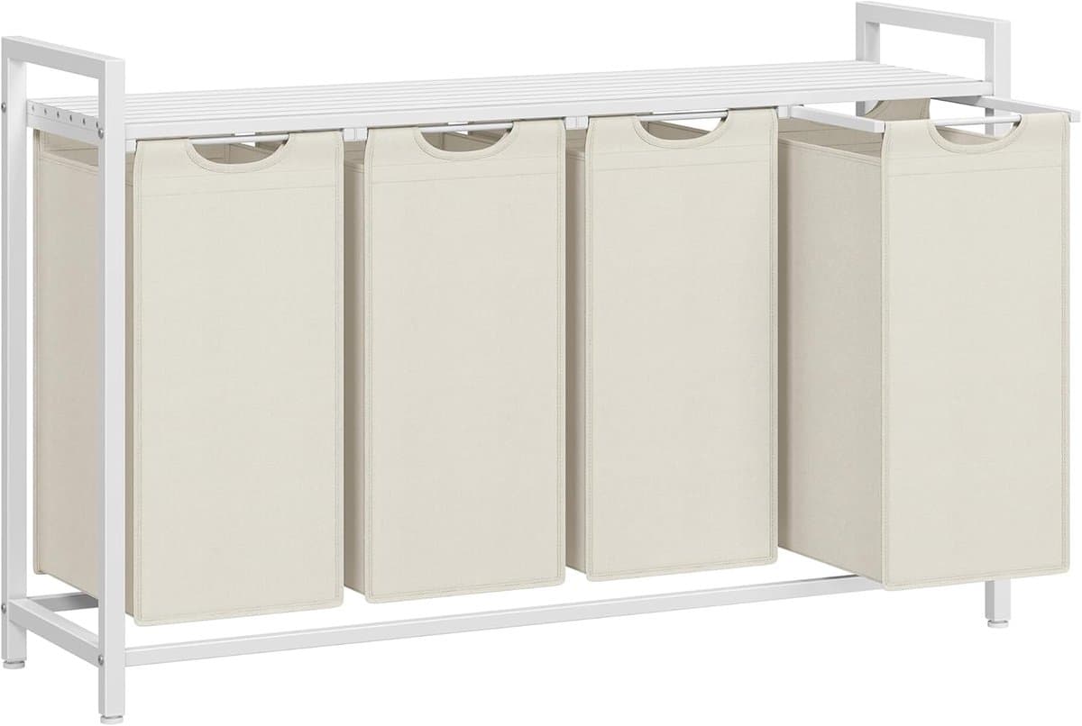 VASAGLE Wasmand 4 vakken, wasmand met plank, wasbox, waszak van uittrekbaar verwijderbare Oxford-stof, metalen frame, 4 x 40 L, 116 x 33 x 72 cm, wit — afbeelding 1